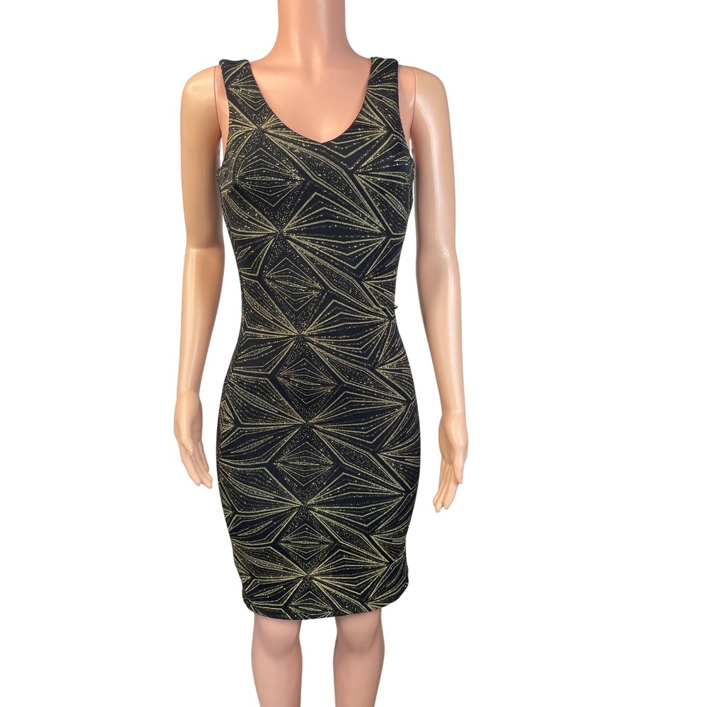 Cloth & People Black Gold Metallic Bodycon Dress PS Stretch‎ Party Holiday Glam
